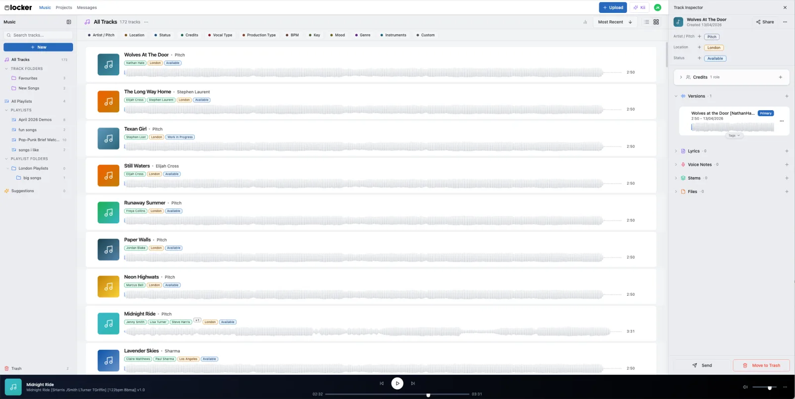 Track organisation view with inspector panel