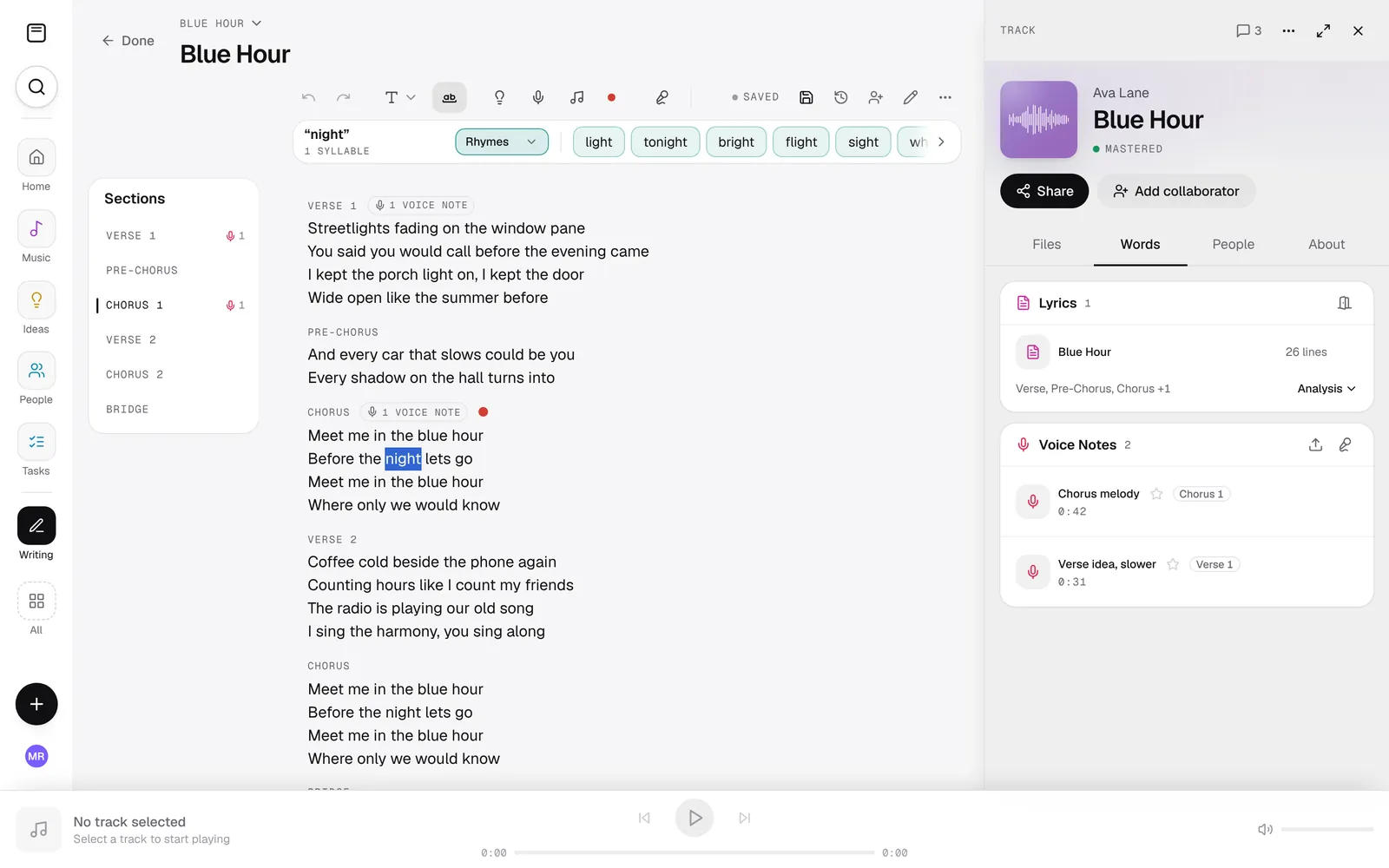 The lyric editor with a verse open and rhymes for the word "night" listed beside it